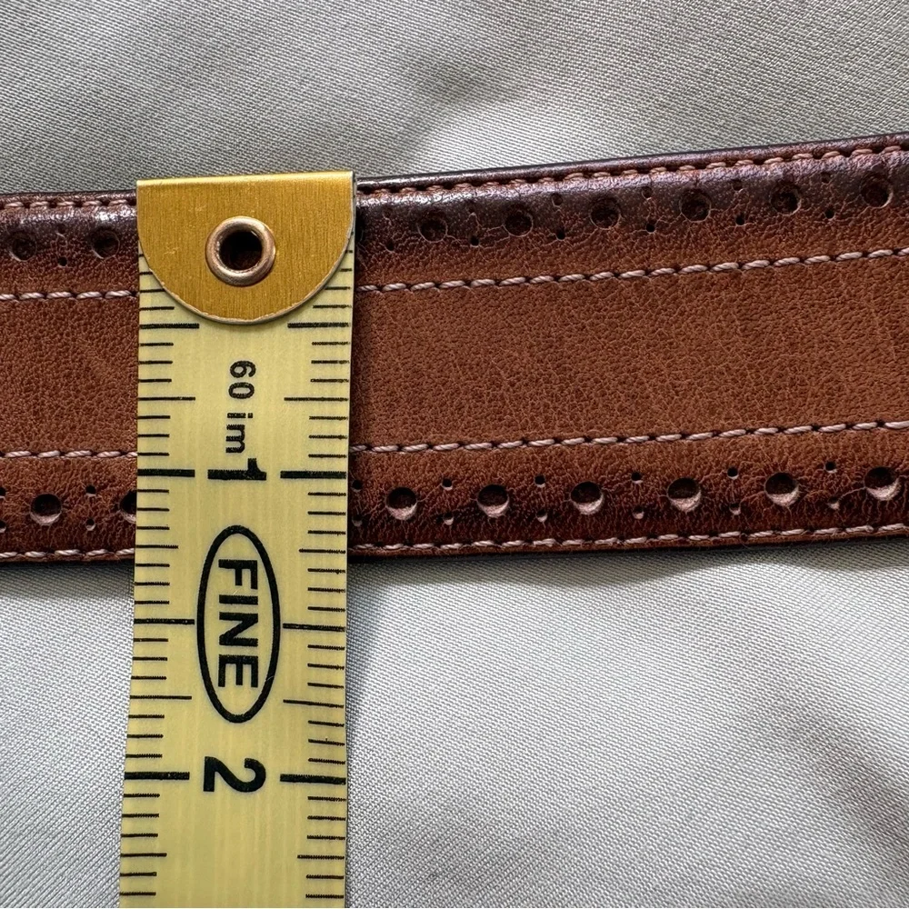Mezlan Brown Leather Belt Brogue Perforated Patina Silver Buckle Spain
